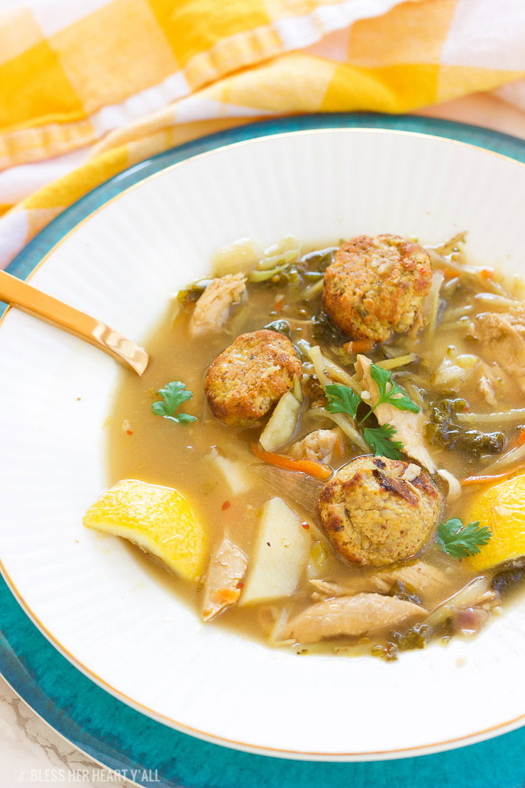 This healthy leftover turkey lemon garlic soup will warm you up with it's hearty savory broth and it's immune-boosting lemon and garlic. It's the perfect excuse to use up those Thanksgiving turkey leftovers and fight off those cool-weather colds! It is also gluten-free, paleo, and dairy-free!