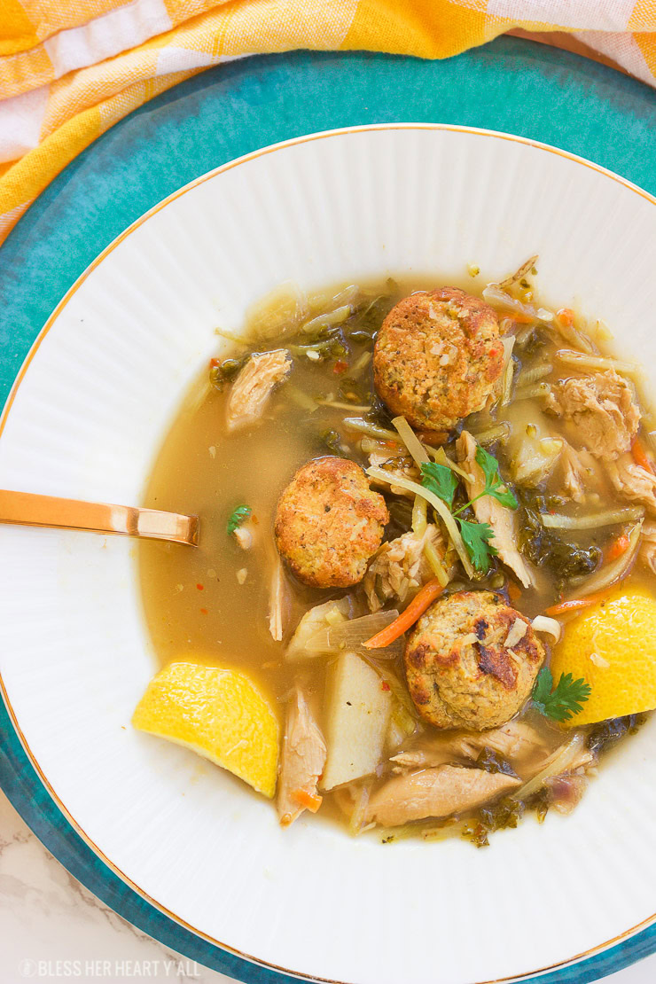 This healthy leftover turkey lemon garlic soup will warm you up with it's hearty savory broth and it's immune-boosting lemon and garlic. It's the perfect excuse to use up those Thanksgiving turkey leftovers and fight off those cool-weather colds! It is also gluten-free, paleo, and dairy-free!