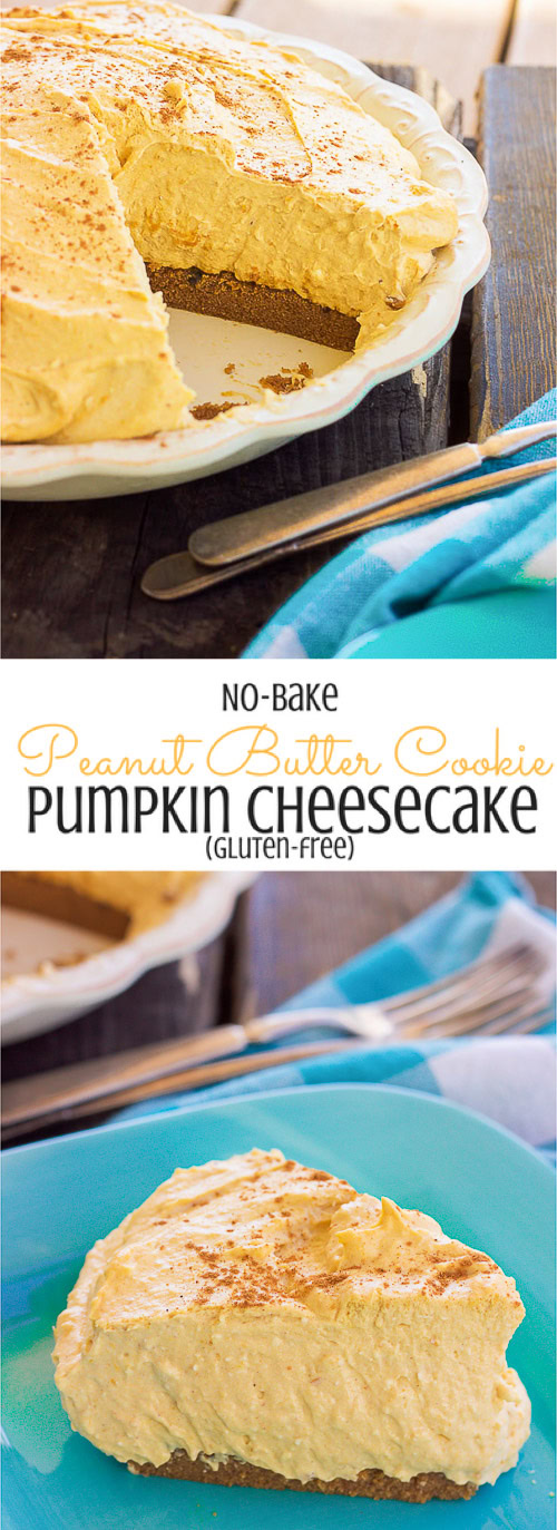 This gluten-free no-bake peanut butter cookie pumpkin cheesecake is made out of a peanut butter cookie crust and filled with a dreamy and creamy pumpkin cheesecake that will satisfy anyone’s sweet tooth this holiday season!