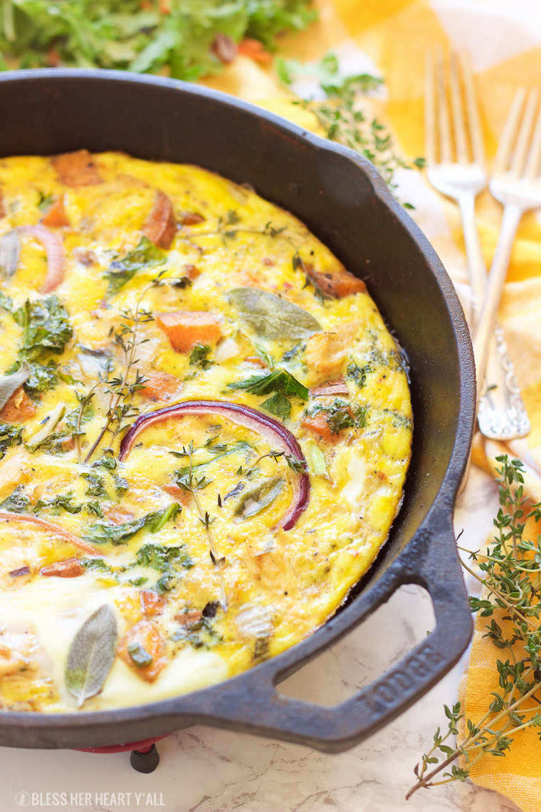 This paleo leftover turkey sweet potato frittata will have everyone waking up extra early for! Rise and shine with this savory and creamy paleo, gluten free, grain free, and dairy free breakfast that everyone will love!