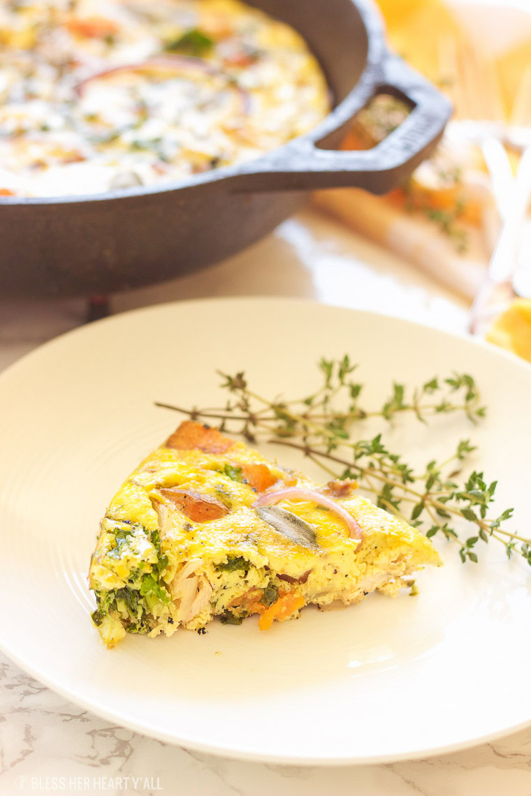 This paleo leftover turkey sweet potato frittata will have everyone waking up extra early for! Rise and shine with this savory and creamy paleo, gluten free, grain free, and dairy free breakfast that everyone will love!