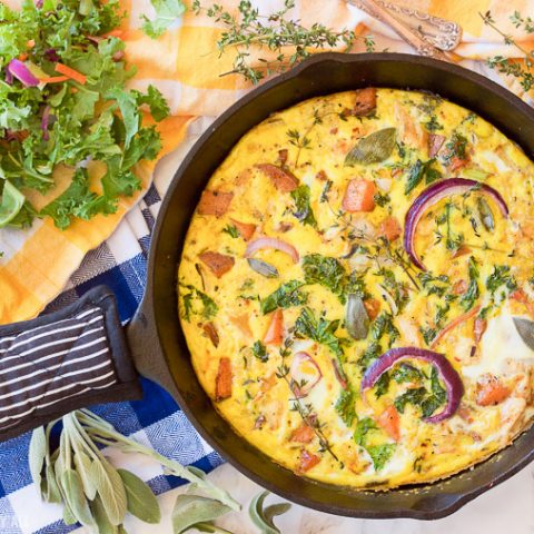 This paleo leftover turkey sweet potato frittata will have everyone waking up extra early for! Rise and shine with this savory and creamy paleo, gluten free, grain free, and dairy free breakfast that everyone will love!