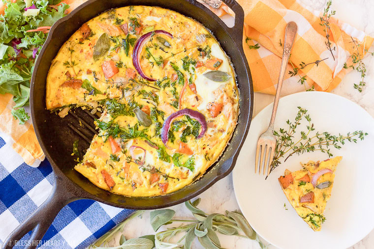 This paleo leftover turkey sweet potato frittata will have everyone waking up extra early for! Rise and shine with this savory and creamy paleo, gluten free, grain free, and dairy free breakfast that everyone will love!