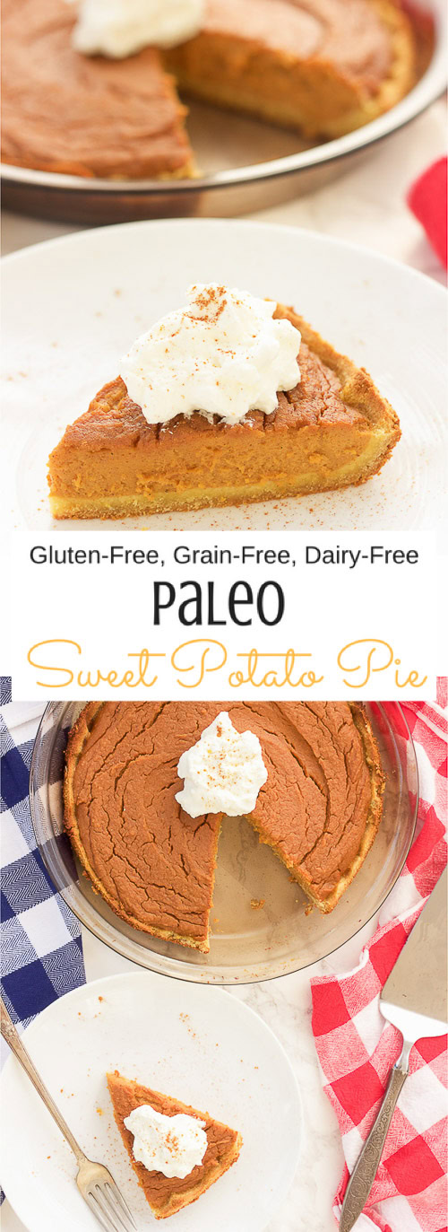 This paleo sweet potato pie is made with simple healthy ingredients and is both decadent and smooth.  This southern treat is also gluten free, grain free, and dairy free!  Bring on the holidays with this easy recipe y'all!