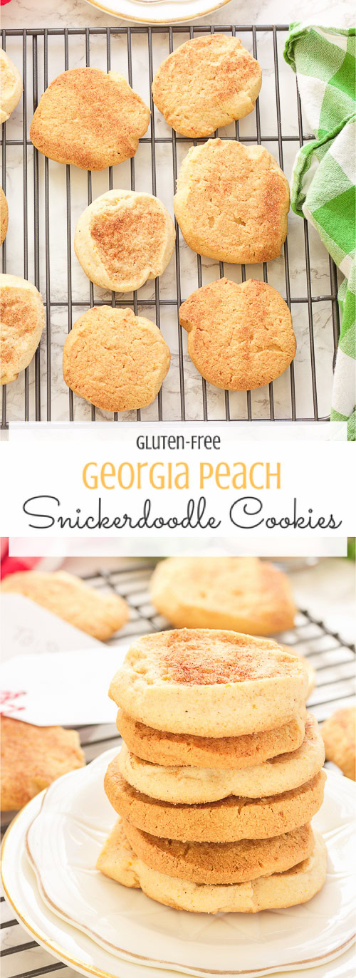 These Georgia peach sweet potato snickerdoodle cookies are gluten-free and so simple! Sweet potato is hidden inside as a healthier alternative, and peach preserves serve up warm bites of chewy peach in every bite. Crunchy on the outside, perfect on the inside.