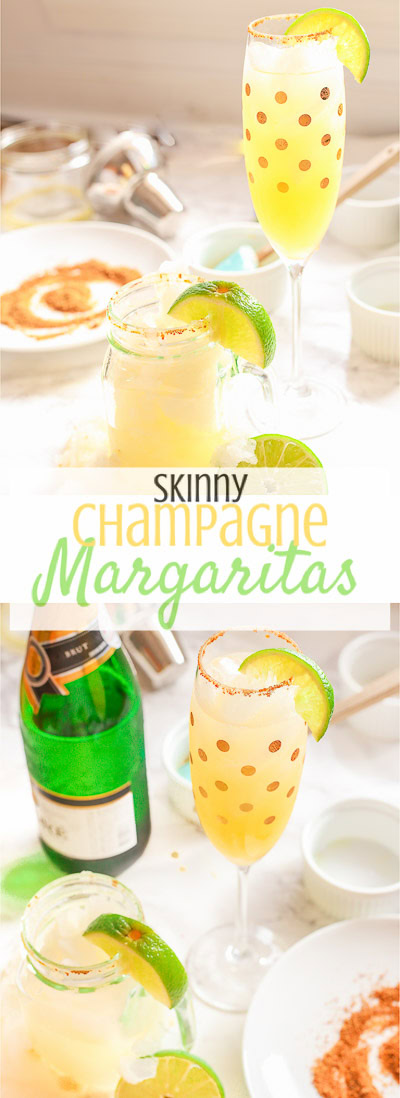 These skinny champagne margaritas are epicly delicious and prepared two different ways.  There is no need for sugar or simple syrup for this recipe that uses a combination of fresh lime and orange juices as well as honey to sweeten and packs a punch with it's tequila and champagne, perfect for any New Year's Eve fiesta!