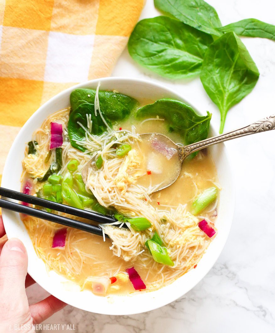 Egg Drop Noodle Soup + Kimchi Sauce is a one pot gluten free and dairy free recipe and ready in under 30 minutes!