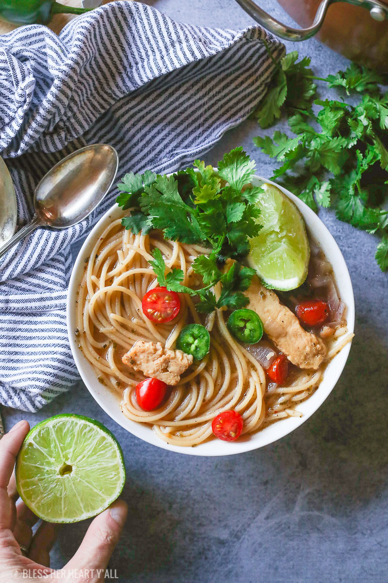 This healthy one pot mexican chicken noodle soup combines the comfort of homemade chicken noodle soup with your favorite mexican flavors to bring out a fiesta in every spoonful. It's a quick gluten-free, noodle-y, addictive meal!