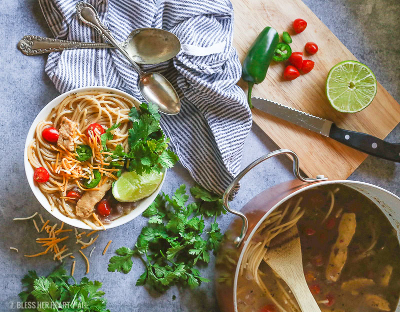 This healthy one pot mexican chicken noodle soup combines the comfort of homemade chicken noodle soup with your favorite mexican flavors to bring out a fiesta in every spoonful. It's a quick gluten-free, noodle-y, addictive meal!