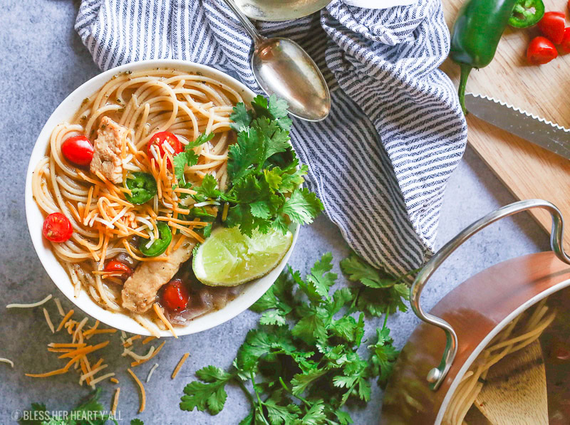 This healthy one pot mexican chicken noodle soup combines the comfort of homemade chicken noodle soup with your favorite mexican flavors to bring out a fiesta in every spoonful. It's a quick gluten-free, noodle-y, addictive meal!