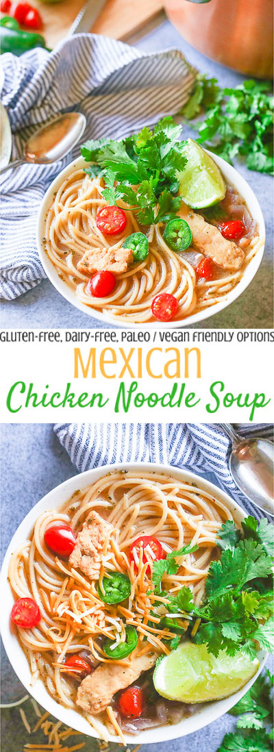 This healthy one pot mexican chicken noodle soup combines the comfort of homemade chicken noodle soup with your favorite mexican flavors to bring out a fiesta in every spoonful. It's a quick gluten-free, noodle-y, addictive meal!