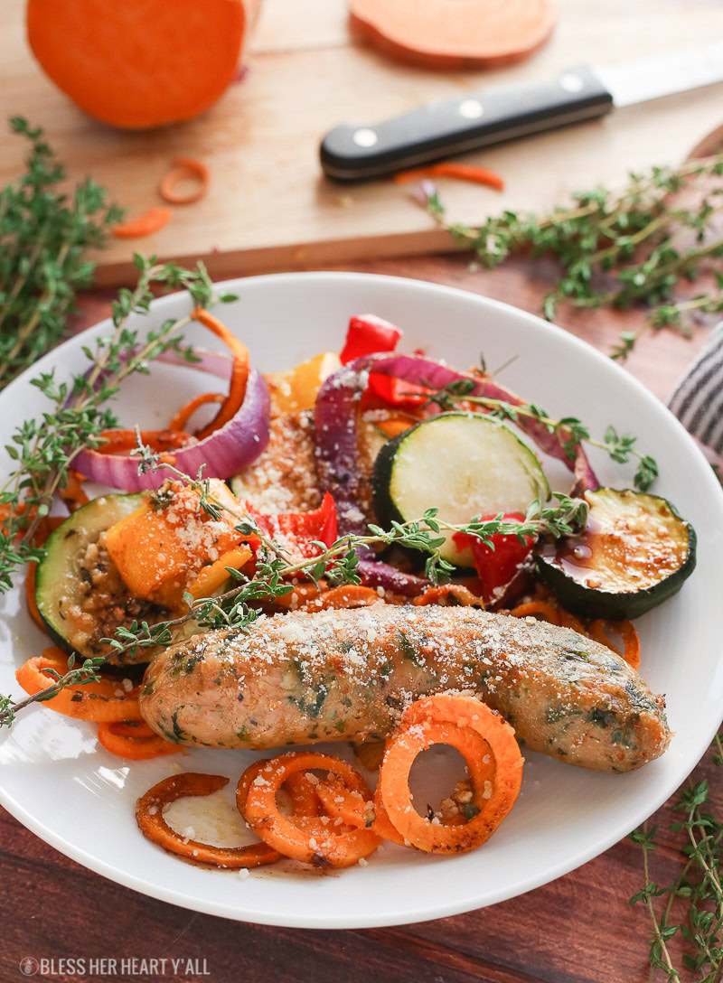 This sheet pan balsamic parmesan chicken sausage dinner is as easy to prepare as it is warm and savory. Healthy vegetables and gluten free chicken sausages are drizzled in a sweet and savory balsamic parmesan sauce then roasted to juicy perfection. The fanciest sausages you'll ever eat are easier than you think to make!