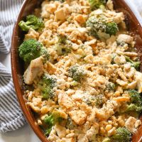 A skinny gluten free chicken poppy seed casserole that combines juicy chicken and fresh broccoli pieces in a homemade healthy poppyseed cream sauce, topped with butter toasted cracker crumbles, and baked to golden perfection in 15 minutes!