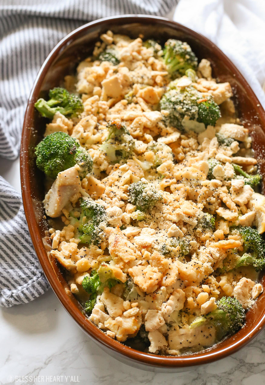 A skinny gluten free chicken poppy seed casserole that combines juicy chicken and fresh broccoli pieces in a homemade healthy poppyseed cream sauce, topped with butter toasted cracker crumbles, and baked to golden perfection in 15 minutes!