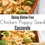 A skinny gluten free chicken poppy seed casserole that combines juicy chicken and fresh broccoli pieces in a homemade healthy poppyseed cream sauce, topped with butter toasted cracker crumbles, and baked to golden perfection in 15 minutes!