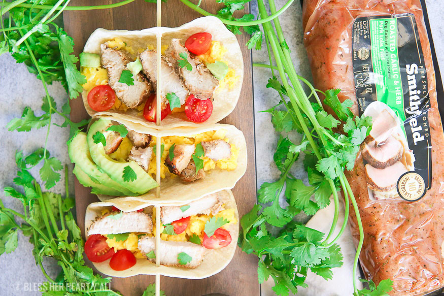 Easy and fresh pork breakfast tacos are a simple and healthy option to make for a filling gluten free breakfast that the whole family will love!