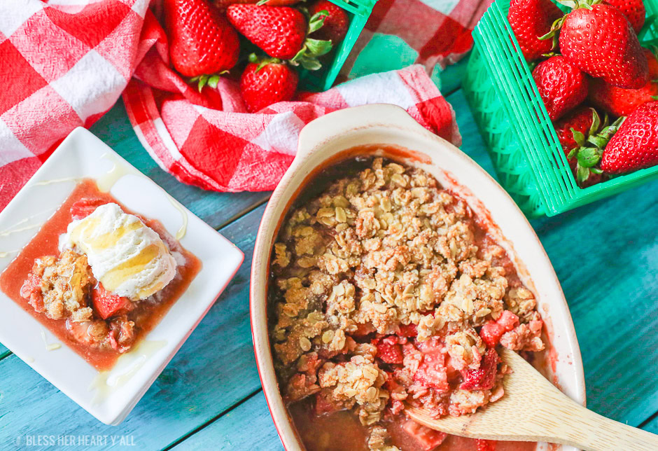 This gluten-free strawberry crumble warms sweet juicy strawberry pieces with a soft and sweet crisp topping. Perfect with vanilla bean ice cream and a drizzle of fresh honey!