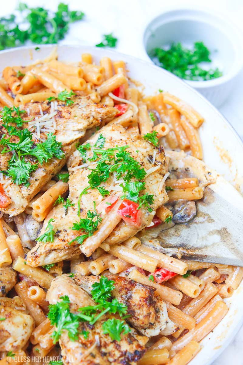 Cajun chicken pasta melts juicy cajun-seasoned chicken breasts with al dente gluten-free noodles in an easy creamy pasta sauce and sprinkled with extra gooey cheeses and herbs all in under 30 minutes! image 3