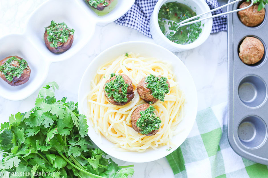 Chimichurri meatballs bake juicy bites of fresh beef and cilantro and then drizzle them with an easy homemade chimichurri sauce! This quick appetizer recipe is low carb, paleo, gluten free!