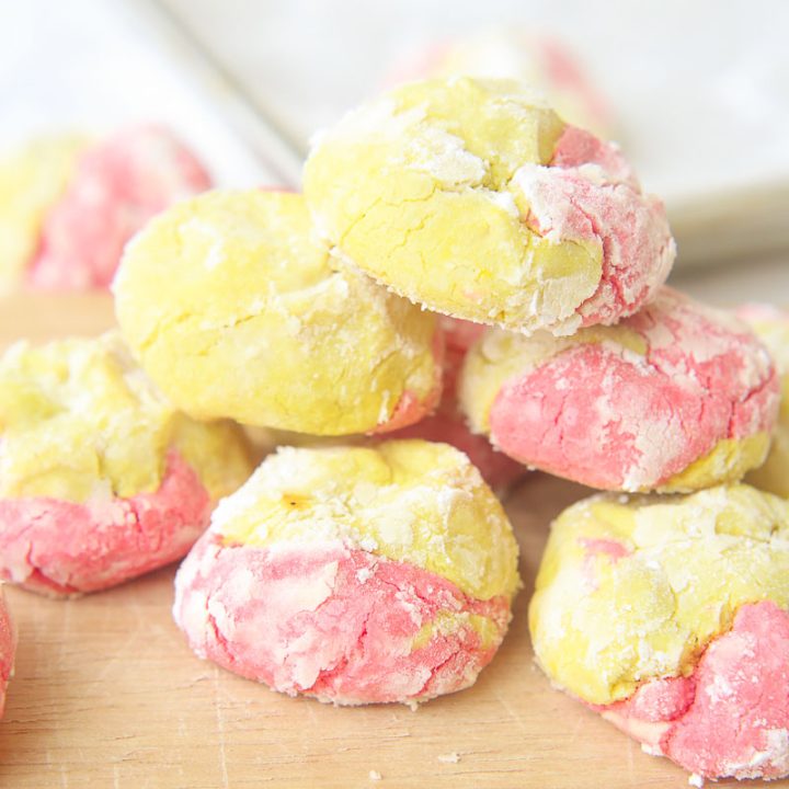 This strawberry lemonade crinkle cookies recipe combines zesty lemon flavors with sweet strawberry hints in a soft and fluffy crinkle cookie! These moist gluten free cookies are a great little snack or dessert all summer long! image 4