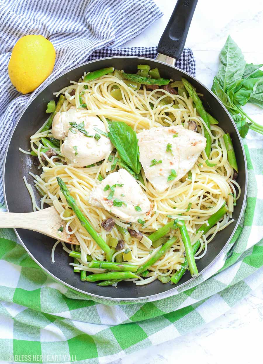 This chicken pasta in garlic basil butter sauce recipe makes for an easy gluten free dinner for busy weeknights. Pasta and chicken is tossed with the vegetables you already have in your kitchen and drizzled in a sizzling light and creamy garlic butter sauce with extra hints of basil and lemon! image 4