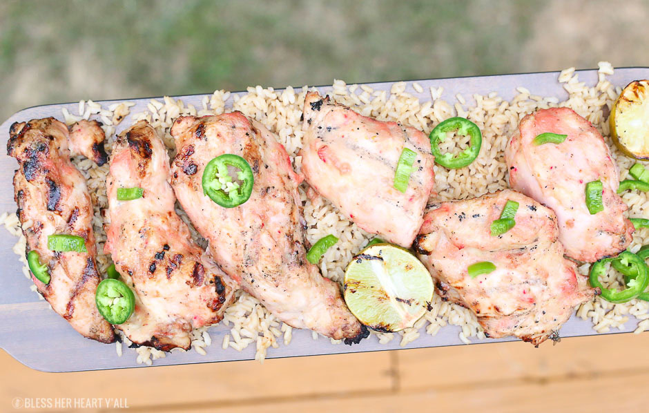 Grilled strawberry mango chicken with fresh jalapenos and grilled lime on a bed of fluffy brown rice!  This healthy delicious meal puts a light tropical flavor in every bite! image 7