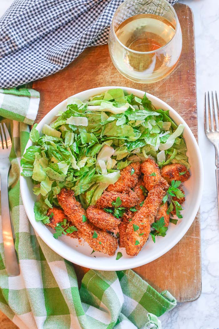 air fried fish sticks in white bowl