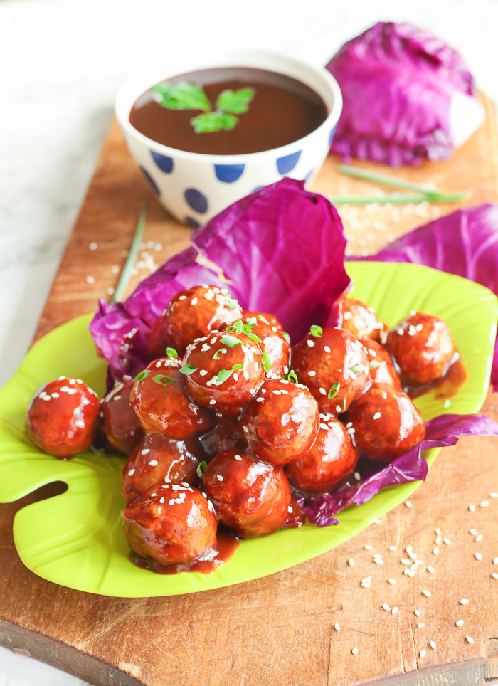 asian chicken zing meatballs on lime green plate