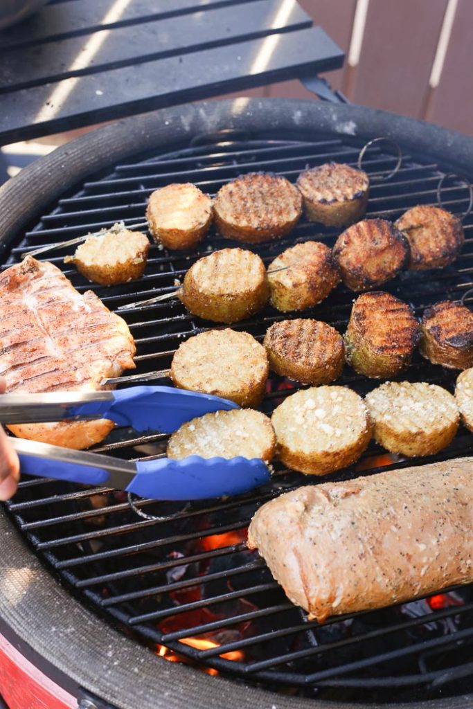 Grilled Marinated Potatoes on Skewers on the grill