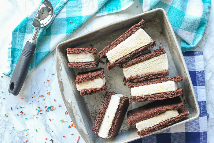 overhead view of ice cream sandwiches in pan