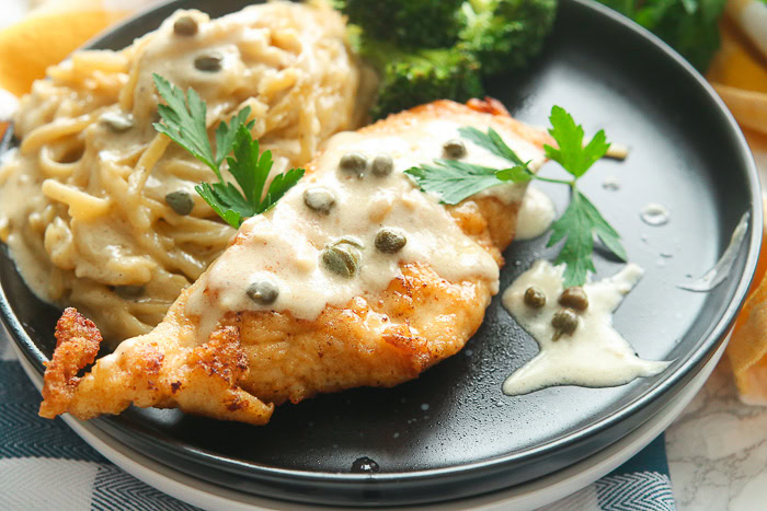 A portion of Gluten Free Chicken Piccata with Creamy Pasta