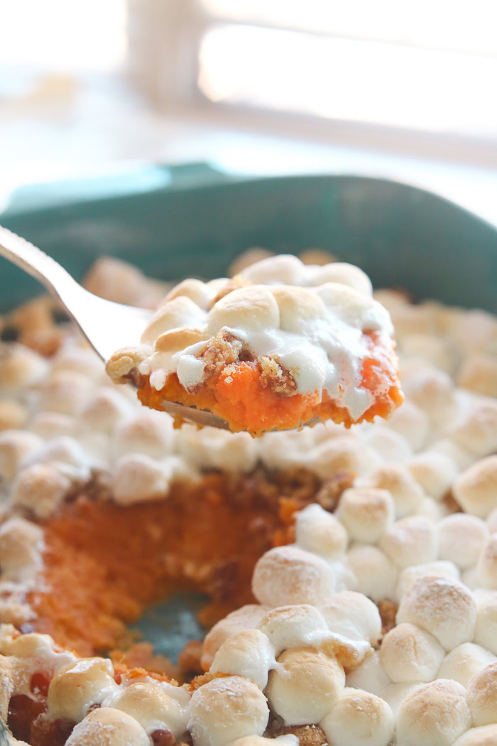 gluten-free sweet potato casserole in large spoon