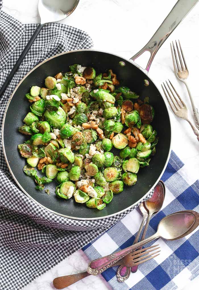 Pan-Fried Blue Cheese Brussel Sprouts are ready to be served