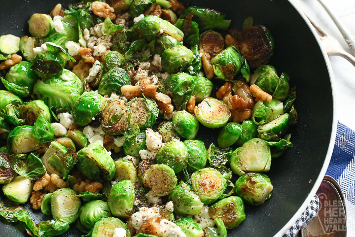 Pan-Fried Blue Cheese Brussel Sprouts in a pan