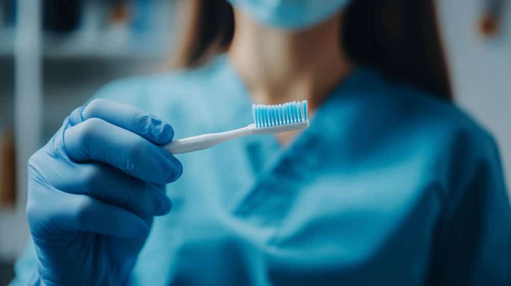 dentist, Female, holding toothbrush, blue glove