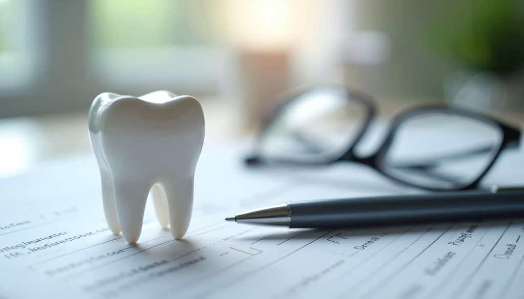 Tooth on desk on paperwork, glasses and pen visable.