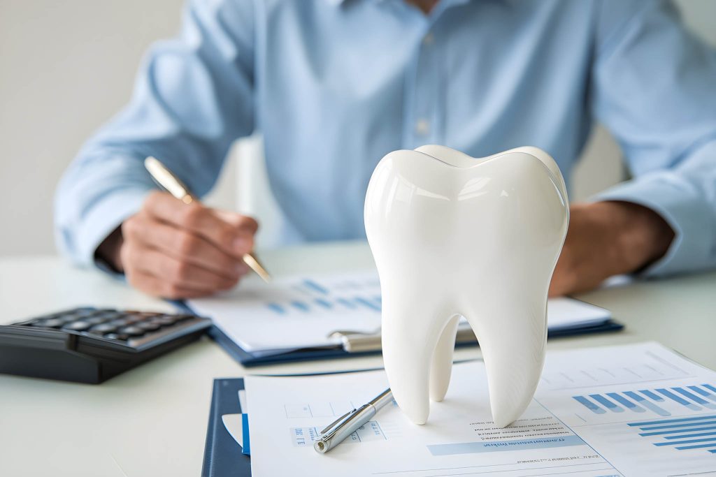 Person sitting at desk in business attire, calculator and paperwork on table, bit tooth at the front