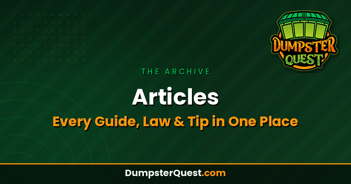 Green graphic with text: "THE ARCHIVE – Articles, Every Guide, Law & Tip in One Place" and the Dumpster Quest logo; website URL DumpsterQuest.com at the bottom.