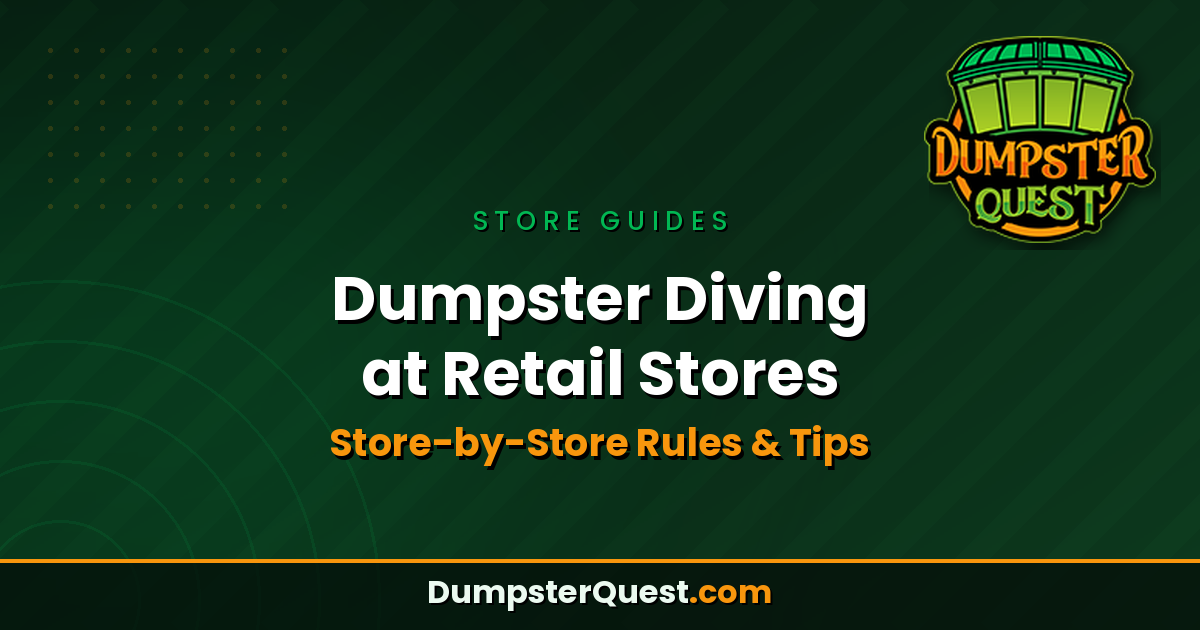 Green banner featuring the Dumpster Quest logo and the bold headline "Dumpster Diving at Retail Stores: Store-by-Store Rules & Tips," with the website URL displayed at the bottom.