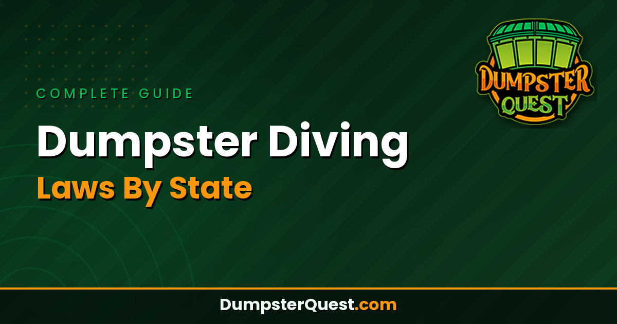 Green graphic with text: "Complete Guide Dumpster Diving Laws by State," highlighting important Dumpster Diving Rules and Restrictions, and "DumpsterQuest.com," with the Dumpster Quest logo in the top right corner.