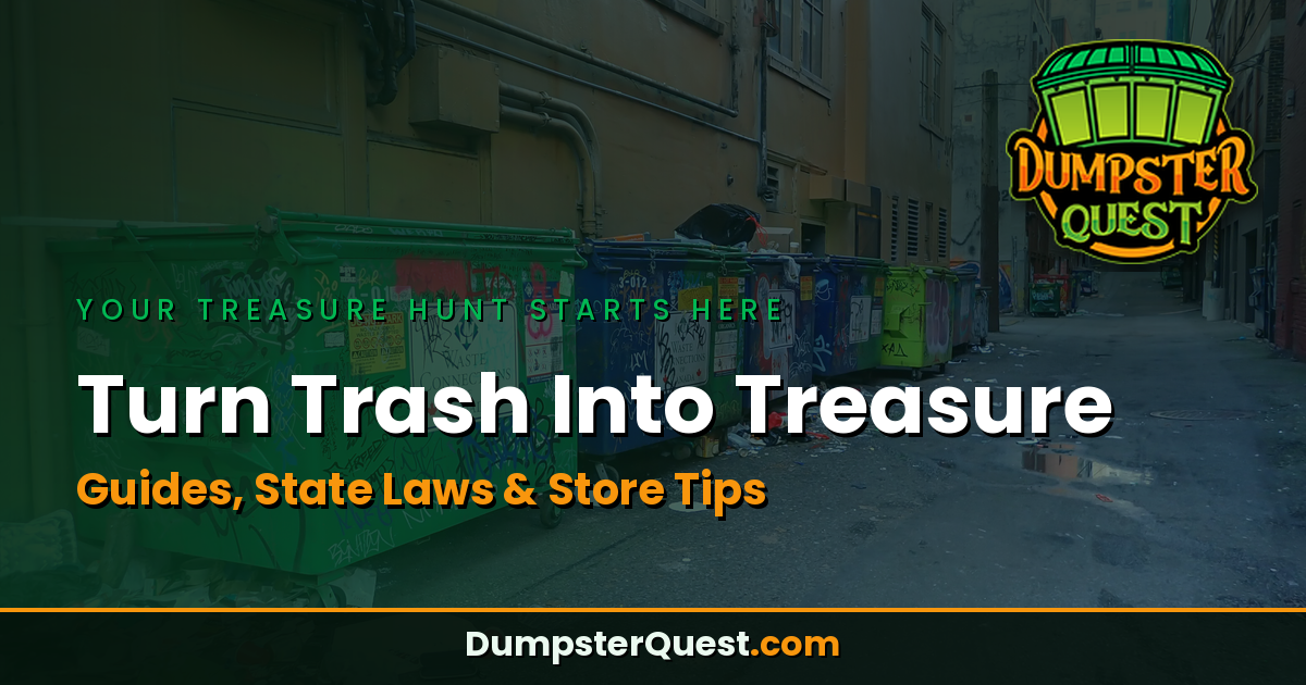 A narrow alley with dumpsters, overlaid text reading, "Turn Trash Into Treasure - Guides, State Laws & Store Tips," and featuring the Dumpster Quest logo for a branded touch.