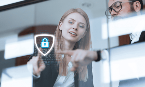 A woman pressing a button indicating cybersecurity