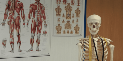 A model skeleton and anatomy posters