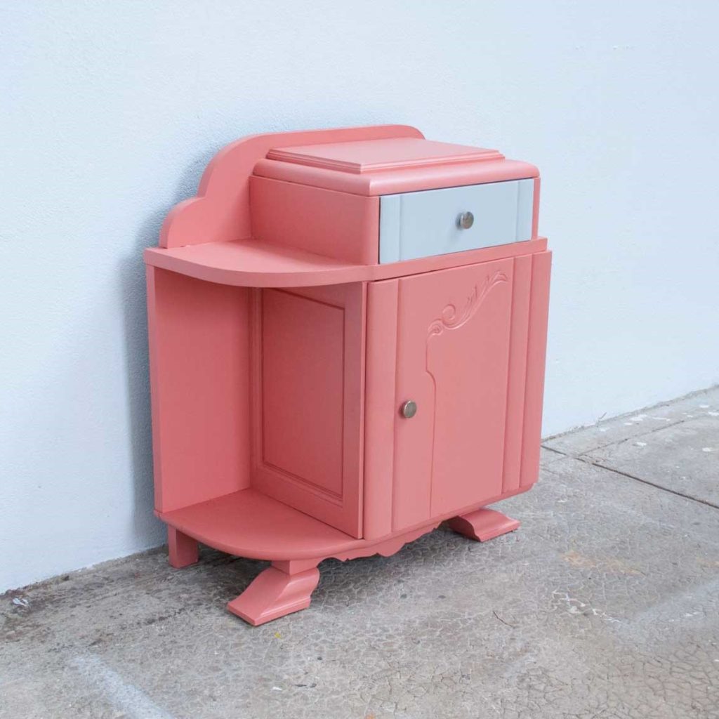 Cute old nightstand after makeover - painted pink and blue drawer