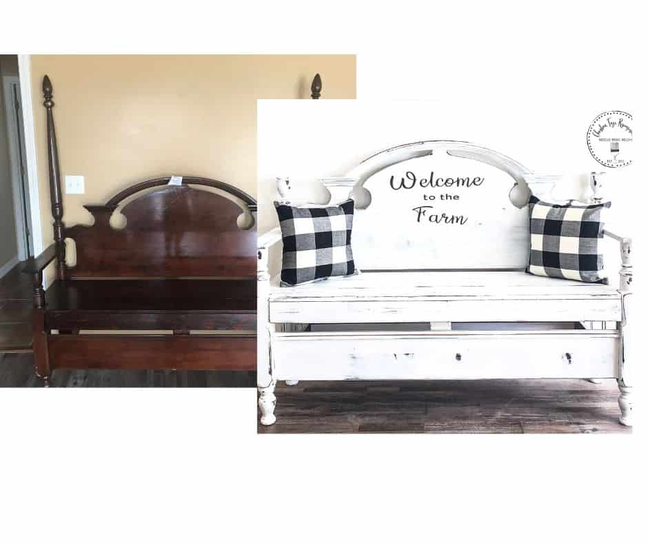 Headboard bench before and after painted white.