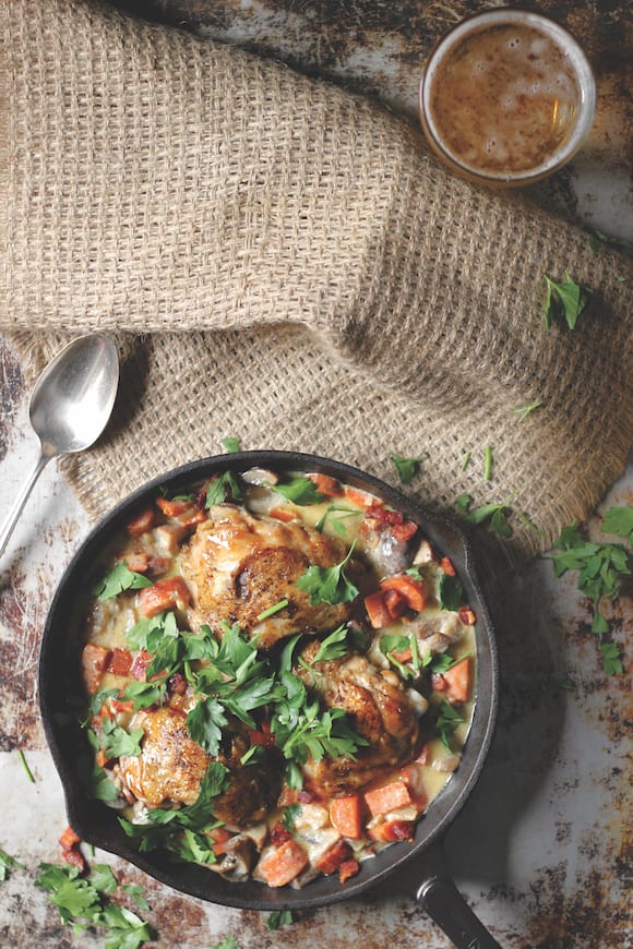 lager-simmered chicken thighs