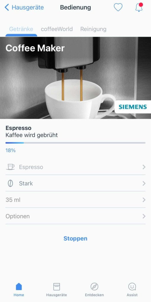Siemens App Kaffee Bruehen