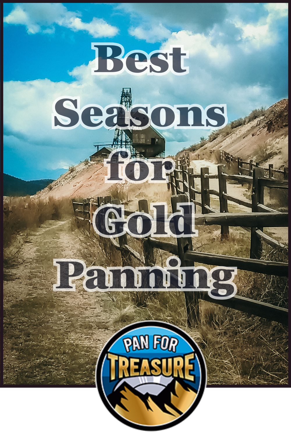 A dirt path and wooden fence lead to an old mining structure on a hill, with text reading "Best Seasons for Gold Panning"—highlighting the ideal weather for gold panning—and a "Pan for Treasure" logo at the bottom.