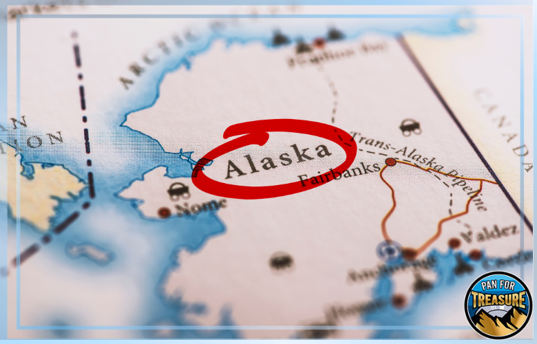 Does Alaska Have Gold Close-up of a map showing Alaska, with a red circle highlighting the state; cities like Nome and Fairbanks are labeled, along with the Trans-Alaska Pipeline route—raising the question, is there gold in Alaska?.