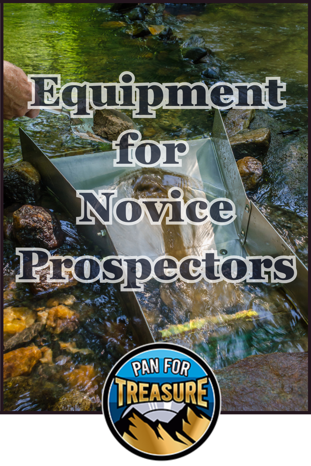 A metal sluice box in a shallow stream with water running through it. Text reads "Essential Equipment for Novice Prospectors." "Pan for Treasure" logo at the bottom.